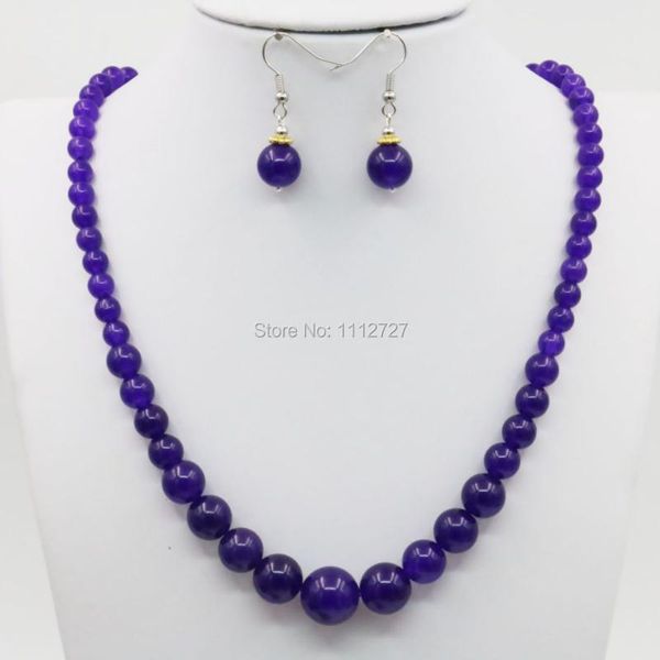 

earrings & necklace 6-14mm tower chain earring sets purple chalcedone crystal stone balls 18inch beads hand made diy jewelry gift accessory, Silver