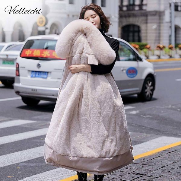 

vielleicht fashion long winter coat women clothing wool liner hooded parkas slim with fur collar warm winter jacket women 201014, Black