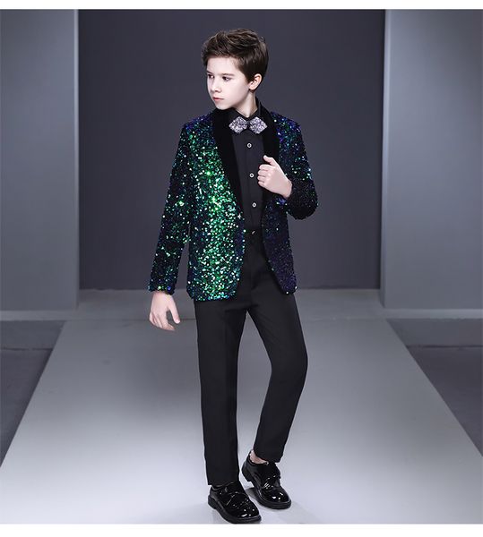 

fashion ring bearer boy' formal wear tuxedos shawl lapel one button children attire for wedding party kids suit set sparkling sequins, Black