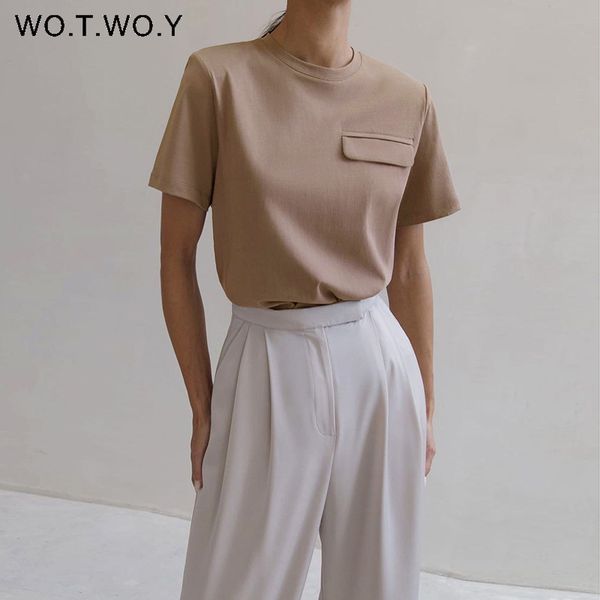 

wotwoy summer casual solid t-shirt fake pocket o-neck cotton short sleeve tees female basic loose soft harajuku 220314, White