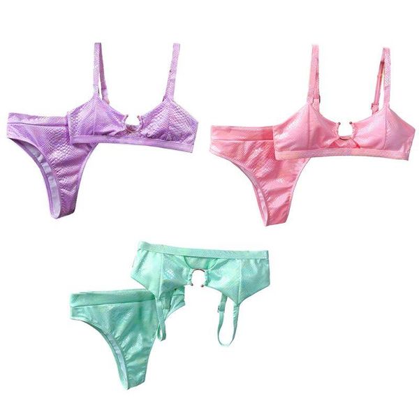 

women bikini set metallic shiny solid color swimsuit hollow ring beachwear