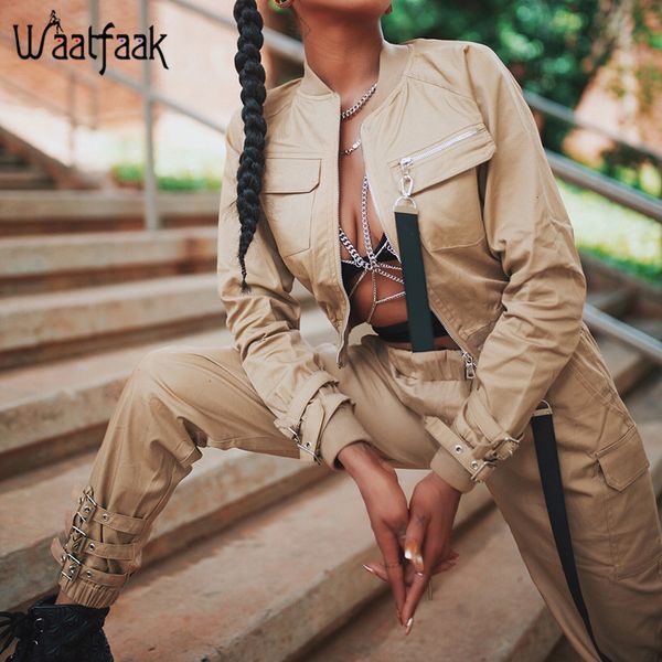 

waatfaak outerwear crop bomber jacket women patch long sleeve autumn jacket female pocket pin buckle zipper streetwear jacket s20210106, Black;brown