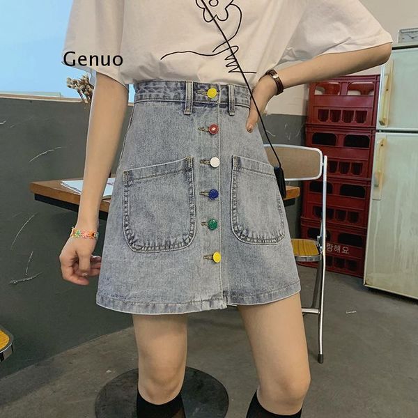 

skirts women denim hip-skirt a-line single-breasted pockets womens students all-match casual streetwear stylish korean-style, Black