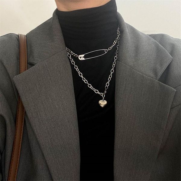 

pendant necklaces hip hop double layer clavicle chain chokers punk geometric safety pin heart necklace collares bijoux for women, Silver
