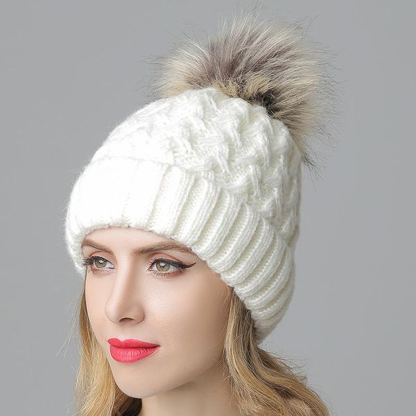 

beanies winter hat female warm knitted super large wool ball plush solid solor twist ear protection cap