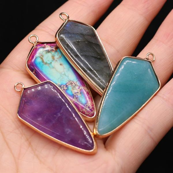 

charms natural semi-precious stone gilt edge emperor amazonite amethyst pendant 20x45mm for jewelry making necklaces gift, Bronze;silver