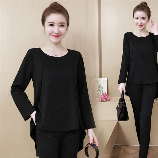 

black blue casual women set long sleeve fake two piece pants women suit sets, Gray