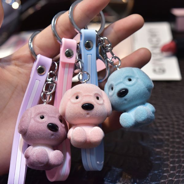 

2021 fashion keychain new korean flocked dog key ring chain creative social bear student bag car pearl chain pendant, Slivery;golden