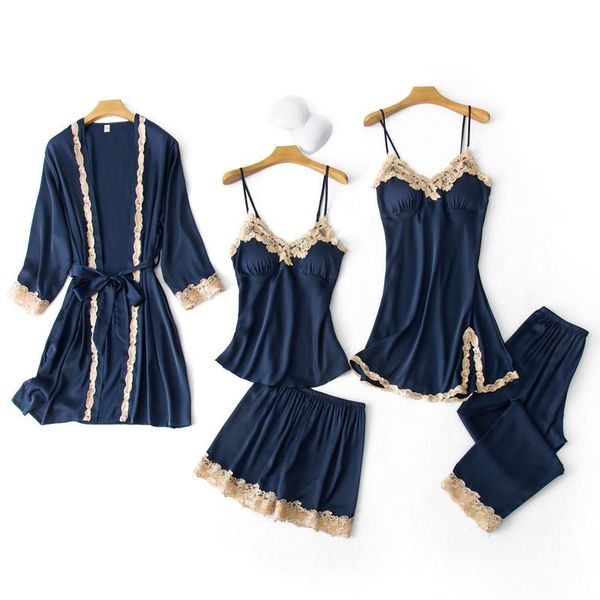 

women's sleepwear womens 5pcs pajamas set v-neck nighties wear home negligee nightwear lingerie pijama spring nighty robe gown suit, Black;red