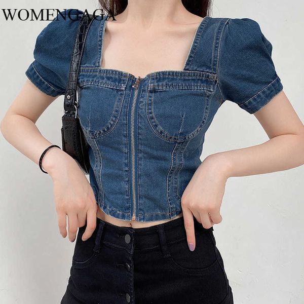 

denim square collar women t-shirt short puff sleeve zipper blue crop lace up slim fit beauty back summer wq09 210603, White