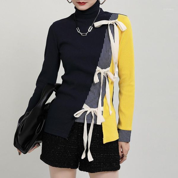 

women's sweaters irregular hollow out lace up woman high collar slim patchwork female autumn winter 2021 street wear, White;black