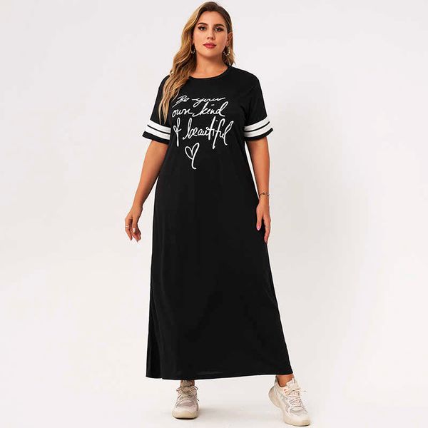 

casual dresses summer women 2021 plus size black o-neck short sleeves letter printing stripe splicing loose youth maxi es hapx, Black;gray