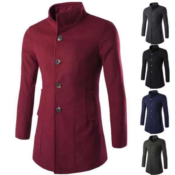 

men's wool & blends 2021 long medieval trench woolen coat men red stand collar gothic overcoat man, Black