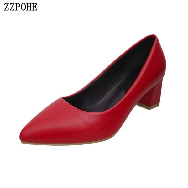 

dress shoes women high heels spring fashion leather pointed toe thick female shallow ladies pumps, Black
