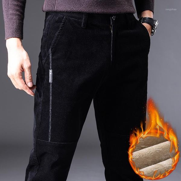 

men's pants 2021 autumn and winter brand fleece thick warm fit corduroy classic style youth fashion slim trousers, Black