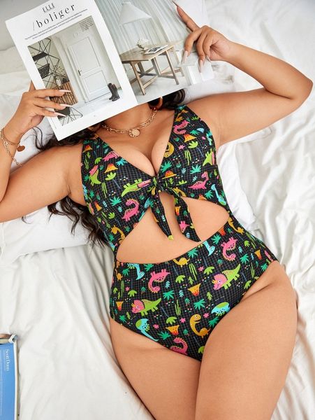 

plus cartoon graphic cut-out knot one piece swimsuit g0t2#, Black