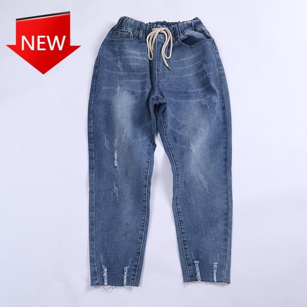 

women's jeans l-8xl loose brand european and american thin harem cropped pants women elastic waist denim large size, Blue