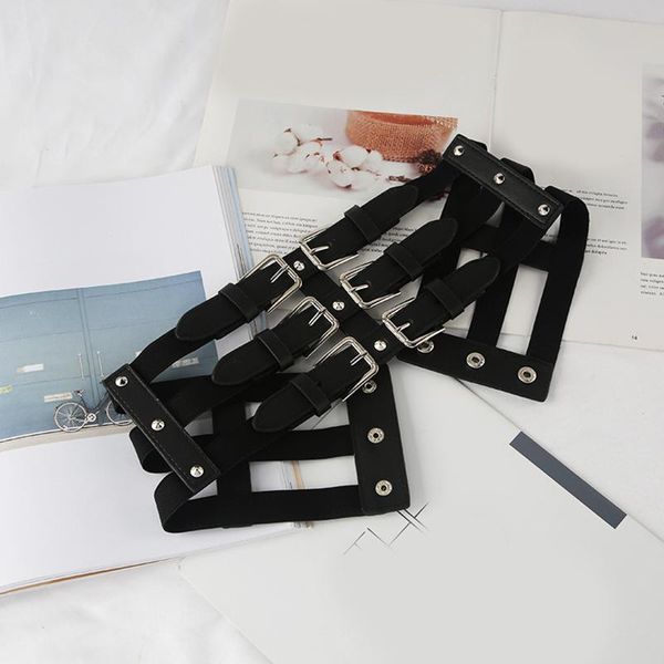 

belts vintage metal ring belt fuax leather women black 3 straps elastic wide self tie wrap for dress slimming corset, Black;brown