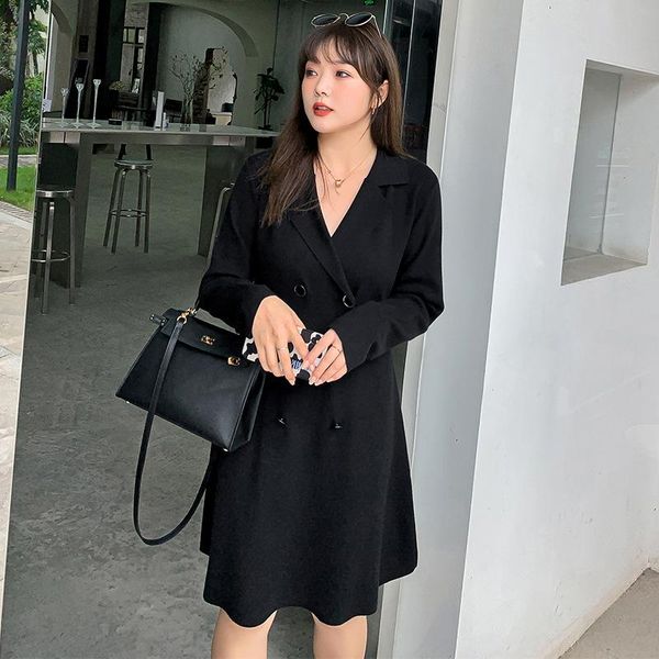 

casual dresses autumn and winter women's suit collar temperament was thin belly-covering knitted dress, Black;gray