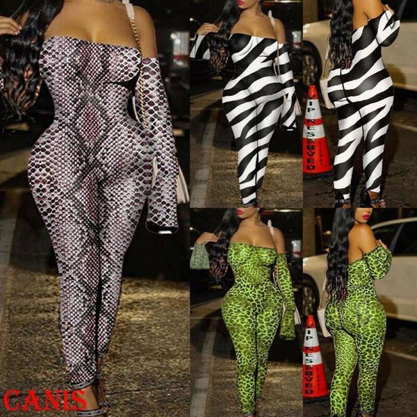 

women's jumpsuits & rompers womens off shoulder long sleeve stretch animal print bodycon jumpsuit romper top, Black;white