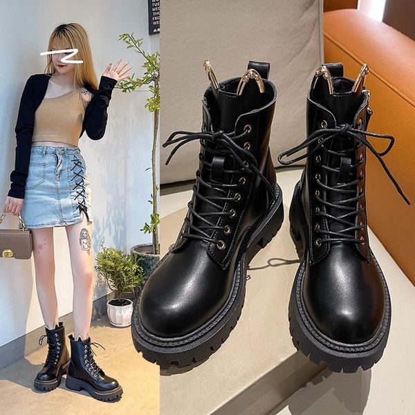 

boots round toe white ankle women's rubber shoes rain boots-women flat heel lace up luxury designer low 2021 autumn fashion med, Black