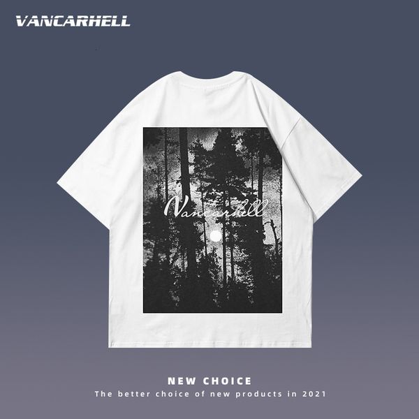 

tee polo black / white short sleeve t-shirt women's 2021 summer loose size dark scenery print couple's top, White;black