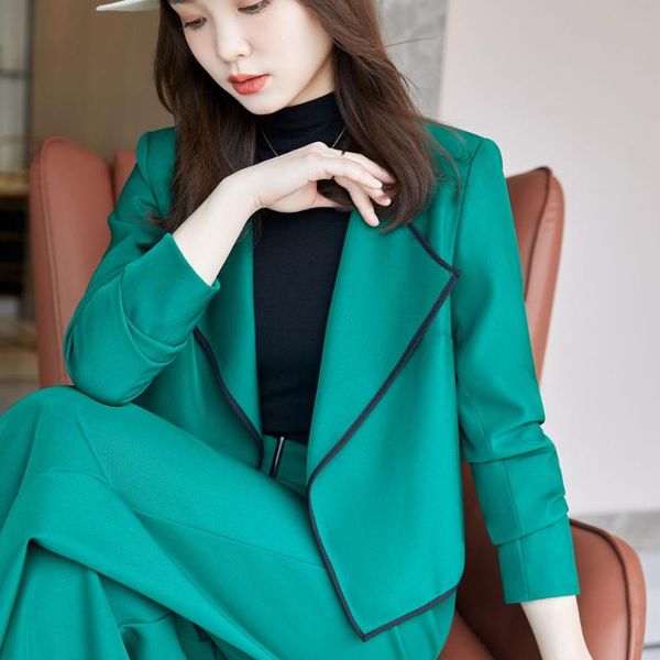 

women's two piece pants korean office suit skirt autumn and winter elegant long sleeve loose jacket trousers green, White