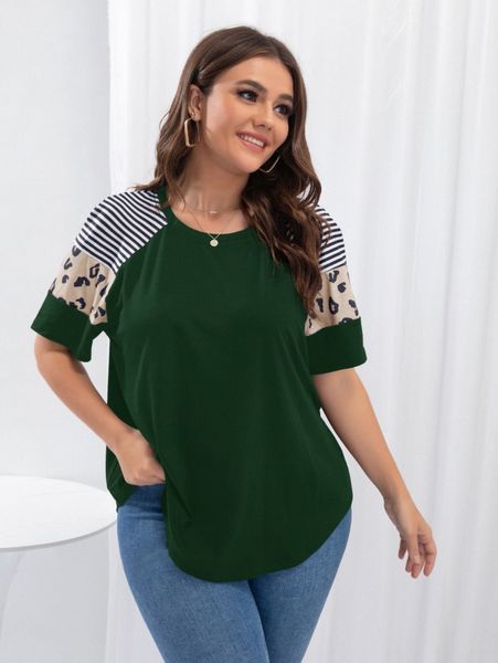 

plus striped and leopard panel raglan sleeve tee f8tn#, Black