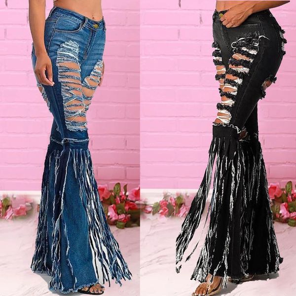 

fashion women's jeans personality trendy ripped micro-cut trousers high waist wide-leg loose and versatile, Blue