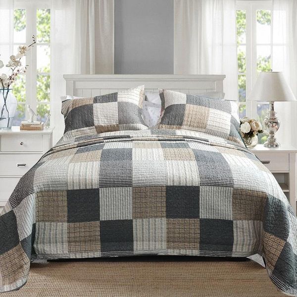 

comforters & sets chausub plaid cotton quilt set 3pcs bedspread on the bed with 2 shams queen size quilted coverlet blanket for