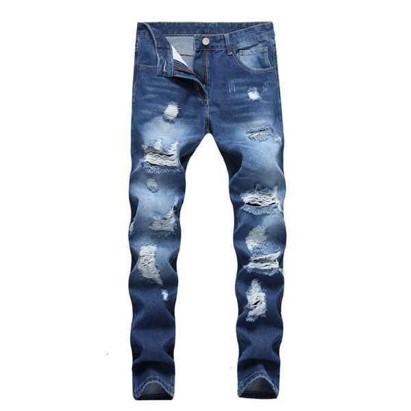 

2021wear hole fashion small straight foot men's jeans trendy pants, Blue