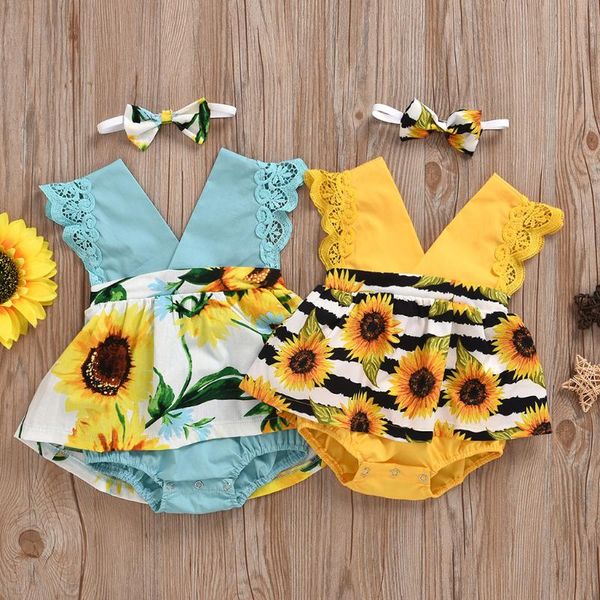 

rompers born infant baby girls sleeveless sunflower print lace bodysuit dress+headband summer bodysuits jumpsuits overalls, Blue