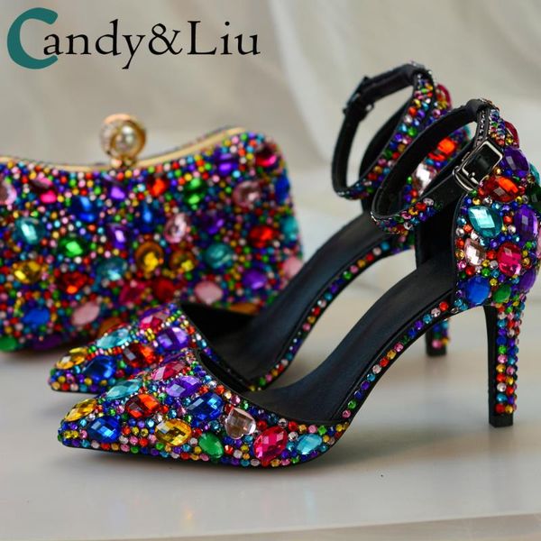 

female sandals colorful stone crystal rhinestone lovely cute beautiful shine bright party evening date women bag and shoes sets, Black