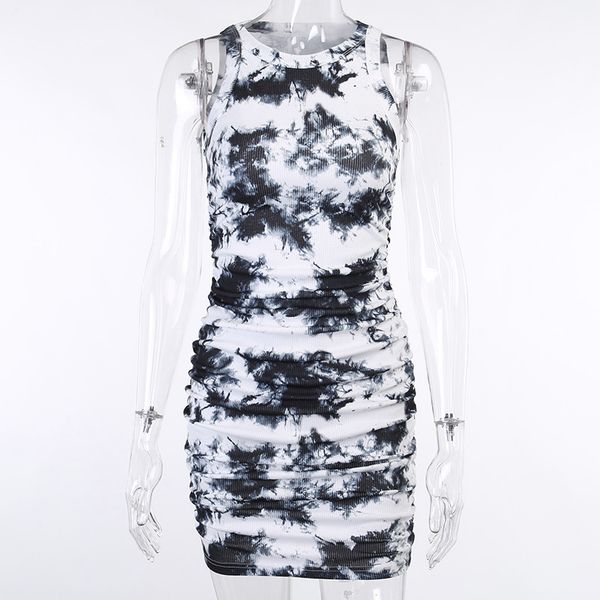 

streetwear sleeveless slim tie dye mini dress women o-neck bodycon ruched mini dresses female casual party dress, Black;gray