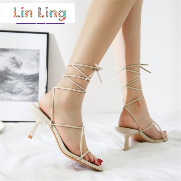 2021 NEUE Sommer Sexy PU High Heels Schuhe Sandalen Gladiator Knöchel Riemchen Öffnen Toed Stilettos Beige Party Kleid Pumpen Schuh