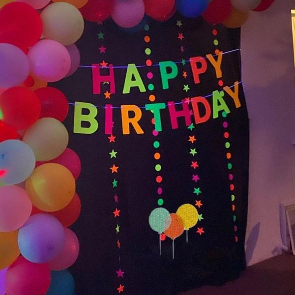 

party decoration fluorescent happy birthday star dot hanging garland paper banner flags for luminous neon uv glow wedding decor