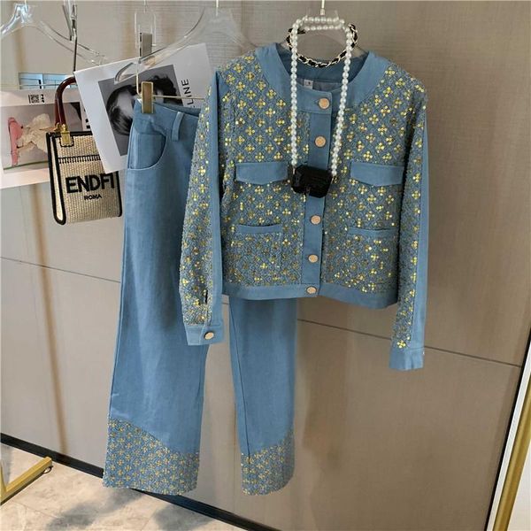 

luxury design denim women two piece pants sequined embroidery button jacket coat + high waist wide leg trousers suits, White
