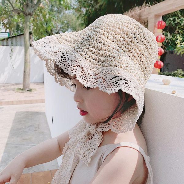 

caps & hats children's straw hat girl princess summer sunscreen lace foldable boy baby beach sun fisherman, Yellow