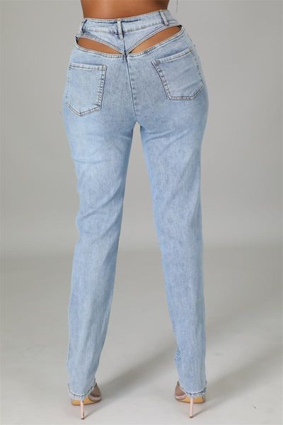 

women's jeans 2021 ins net red back waist hollow stretch light blue pants women