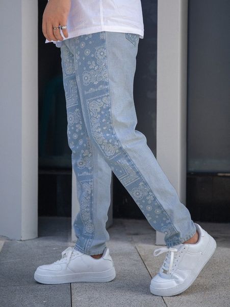 

men paisley print jeans 92ed#, Blue