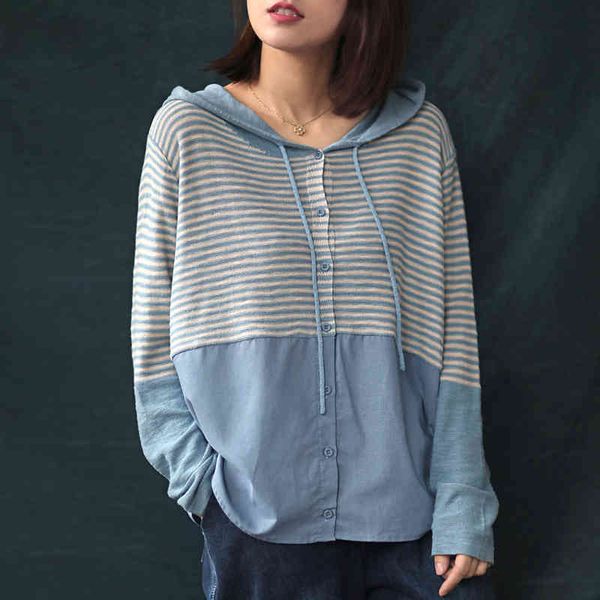 

women's blouses & shirts knitted striped patchwork hooded women spring button long sleeve 2021 5 color loose casual 64j2, White