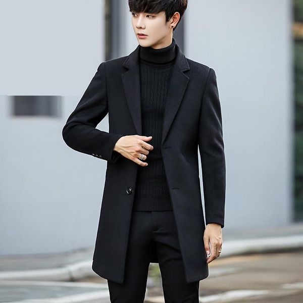 

men's wool & blends windbreaker mid long woolen coat wear korean, Black