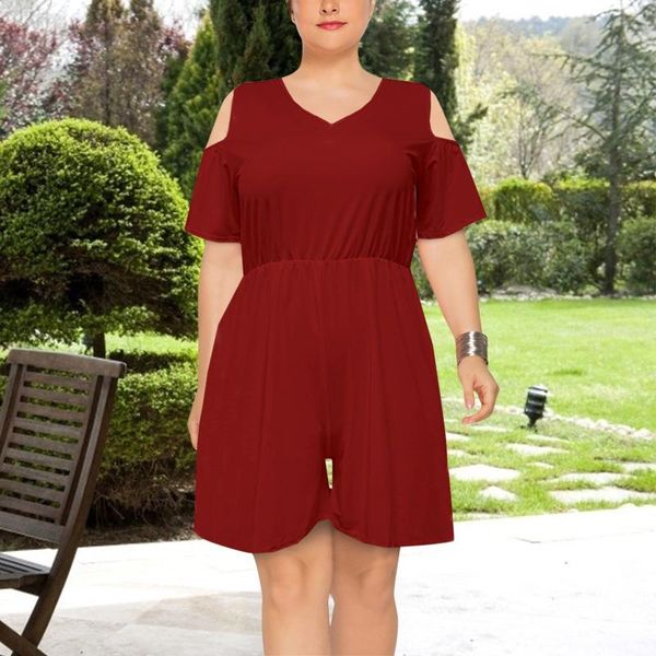 

plus size tracksuits 4xl bodysuit casual v-neck leakage shoulder solid color loose rompers shorts women jumpsuit summer short sleeve, Black