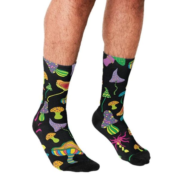 

men's socks 2021 funny magic mushrooms pattern printed hip hop men happy cute boys street style crazy for, Black