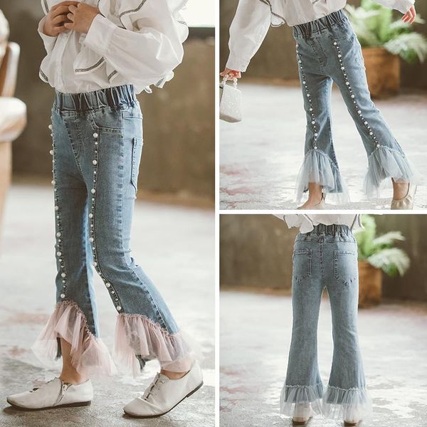 

2021 girls flare mesh patchwork wide leg jeans pants jeans for girls boot cut beading clothes for baby denim pants, Blue