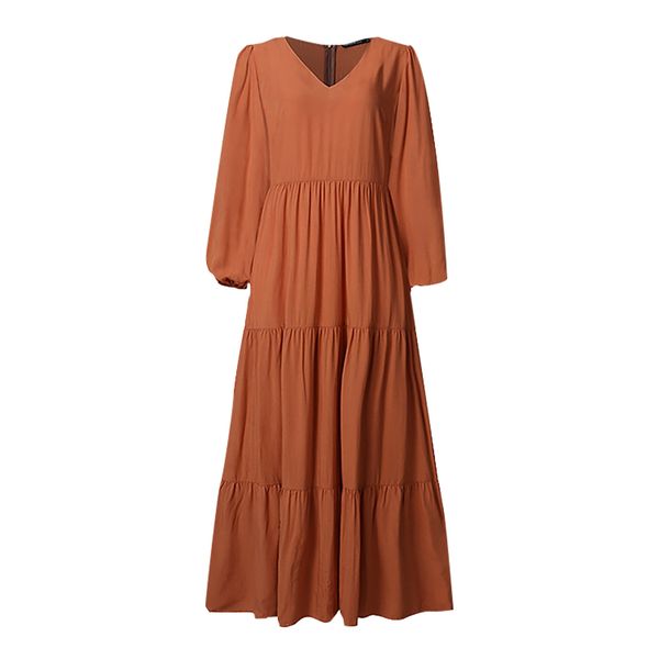 

women dress ladies fashion casual fashion temperament solid long dress lantern sleeve art retro pure color dresses, Black;gray