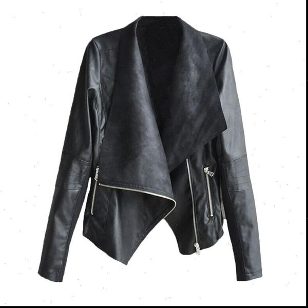 

2021 autumn new zipper locomotive irregular large lapel long sleeve pu black leather jacket casual faux leather jackets women