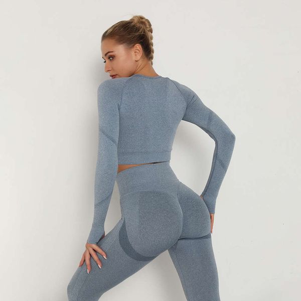 

2021seamless high elastic pleated quick drying long sleeve fitness yoga top, Gray