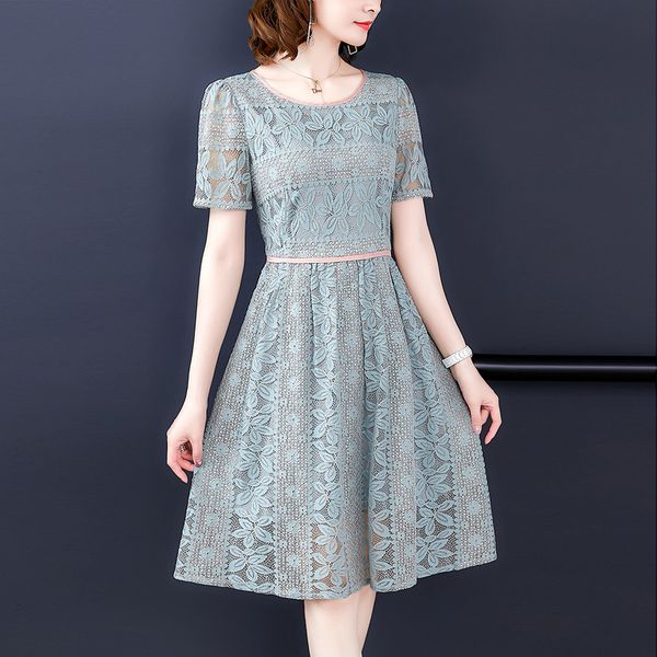 

2021 new lace summer women silk embroidery short sleeve fashion temperament elegant female a-line es lj3009 60za, Black;gray