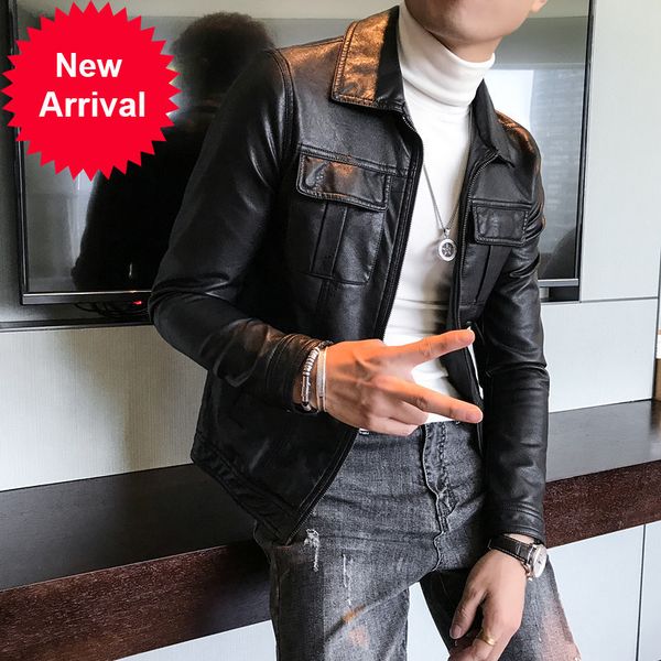 

autumn new retro trend lapel pu casual slim fit korean men's motorcycle leather jacket, Black;brown